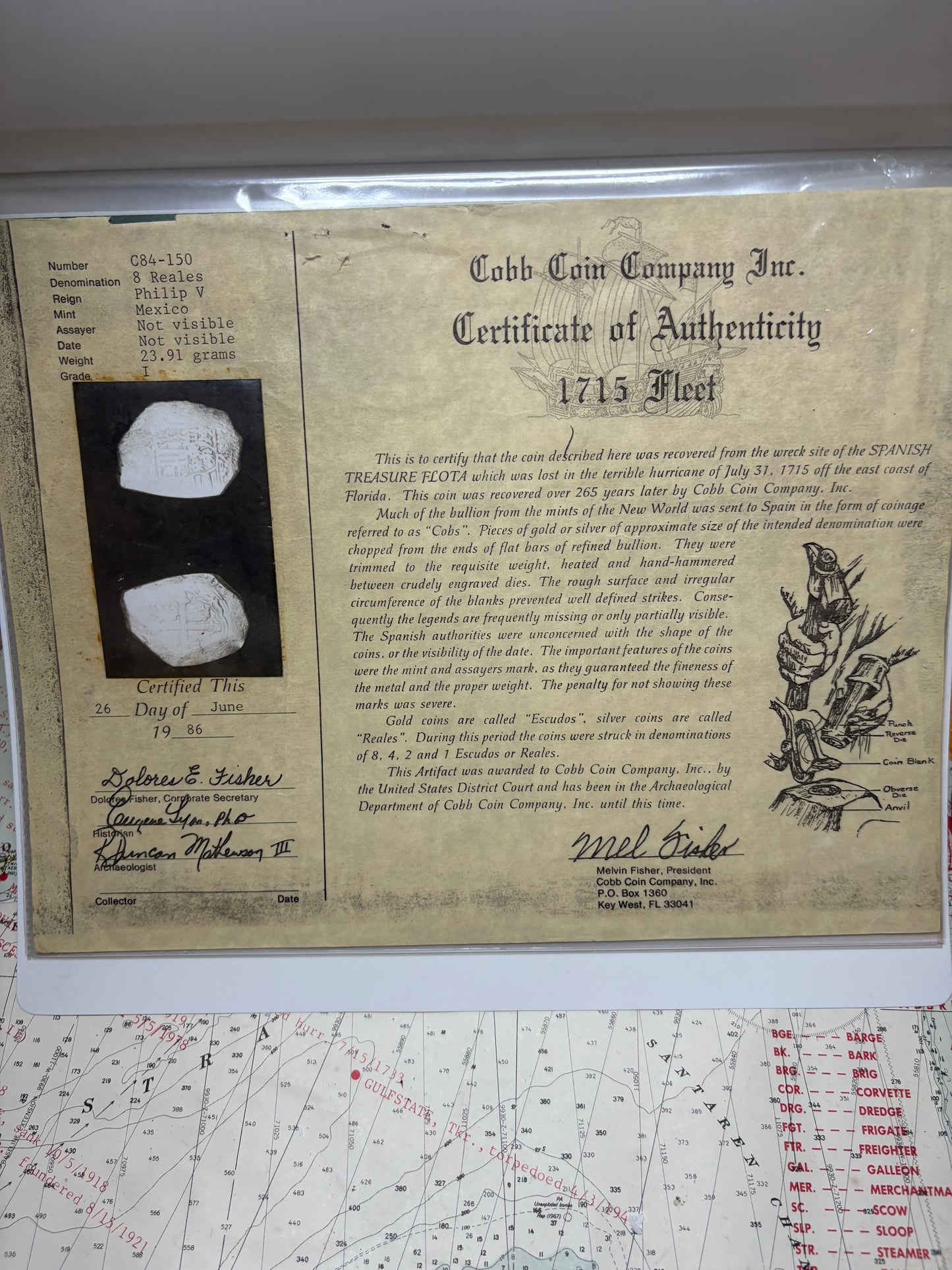 1715 Fleet 8 Reale, Grade 1, Philip V Reign, Mexico City Mint, J Assayer, 23.9 Grams. Mel Fisher COA