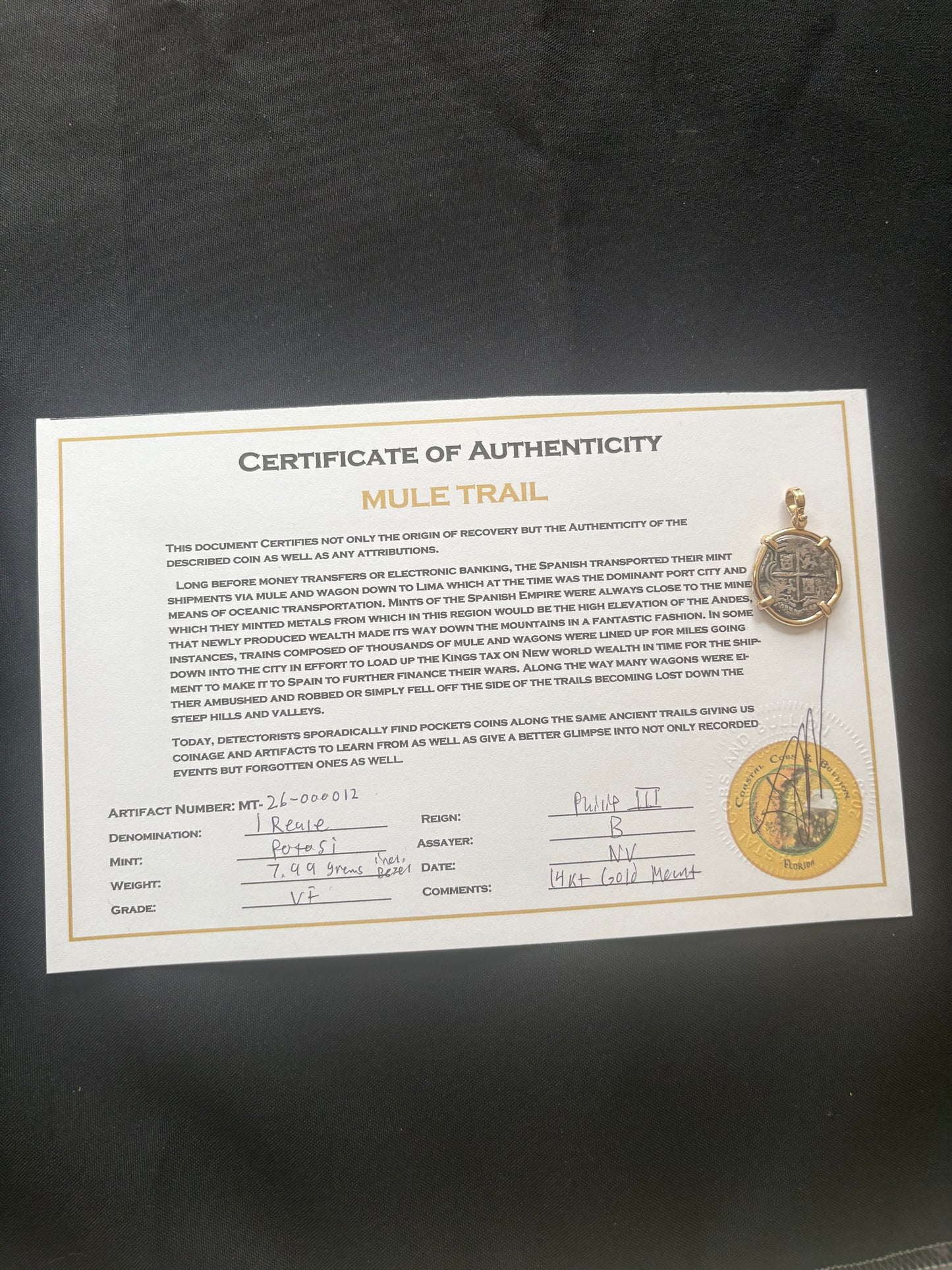 Land found 1 Reale Pendant, Potosi Mint, B Assayer, Holed, 7.99 Grams incl. Bezel, Solid 14kt Gold mount, Mule Trail Find.