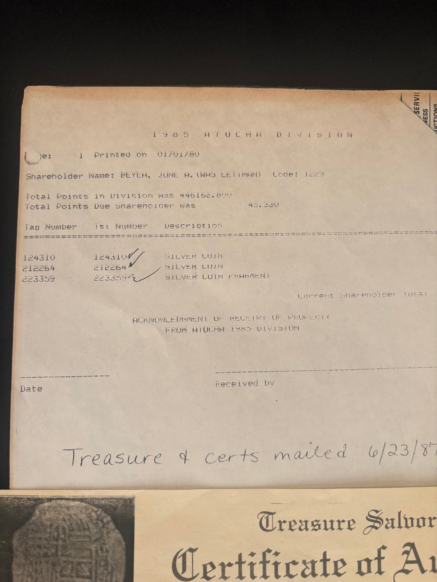 1985 Motherlode Find! Atocha Shipwreck 8 Reales with Division Paperwork, Grade 1, Potosi Mint, T Assayer, Full Weight 26.5 Grams, 85A-212264