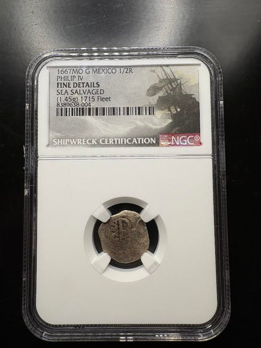 Rare 1715 Fleet Mexico mint G Assayer 1/2 Reale, 1.45 grams, One year Posthomous type 1667. NGC Certified.