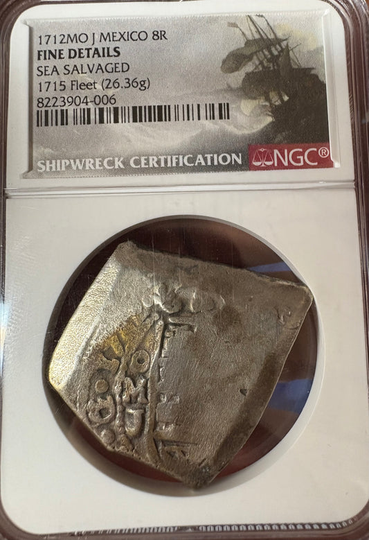 NGC Slabbed, 1715 Fleet 8 Reale, 1712 Full Date, Philip V Reign, Mexico City, J Assayer, 26.3 Grams.