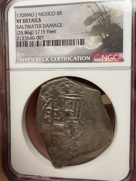 NGC Slabbed, 1715 Fleet 8 Reale, Rare 1709 dated (XXX9), Philip V Reign, Mexico City Mint, J Assayer, 25.8 Grams.