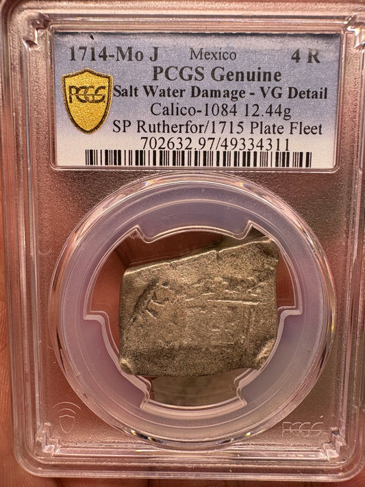 PCGS Slabbed, 1715 Fleet 4 Reale, 1714 Dated (X714), Philip V Reign, Mexico City Mint, J Assayer, 12.44 Grams.