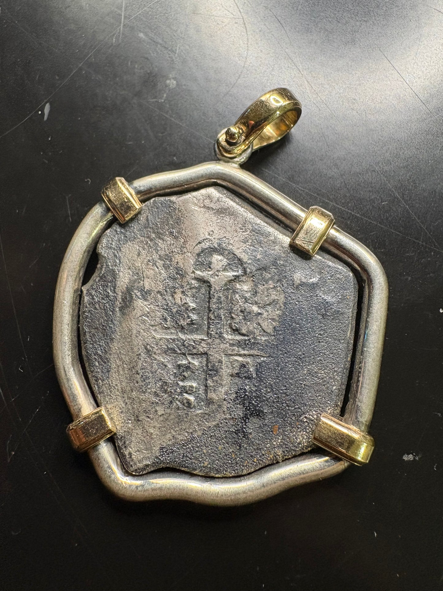 Sterling and 14kt Mounted 1715 Fleet 8 Reale, Grade 1, Philip V Reign, Mexico City Mint, J Assayer, 38.3 Grams Finished.