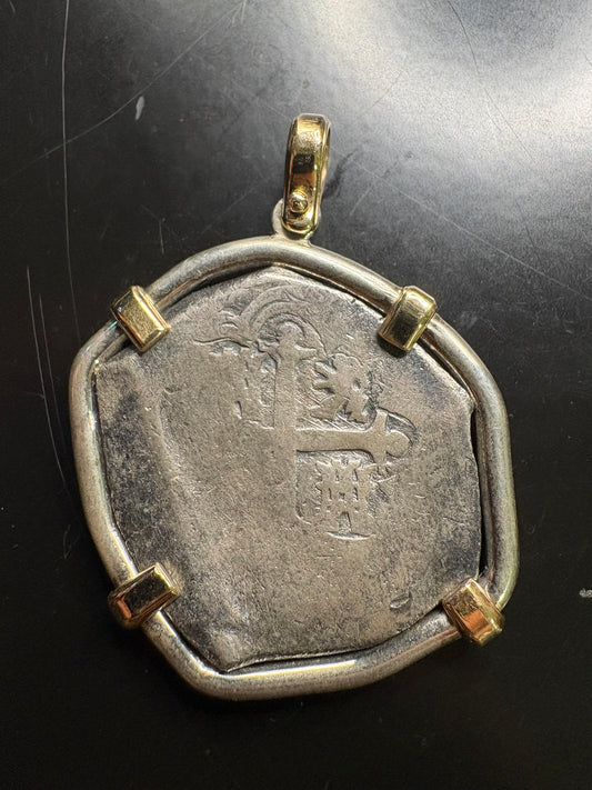 Sterling and 14kt Mounted 1715 Fleet 8 Reale, Grade 1, Philip V Reign, Mexico City Mint, J Assayer, 37.7 Grams Finished.