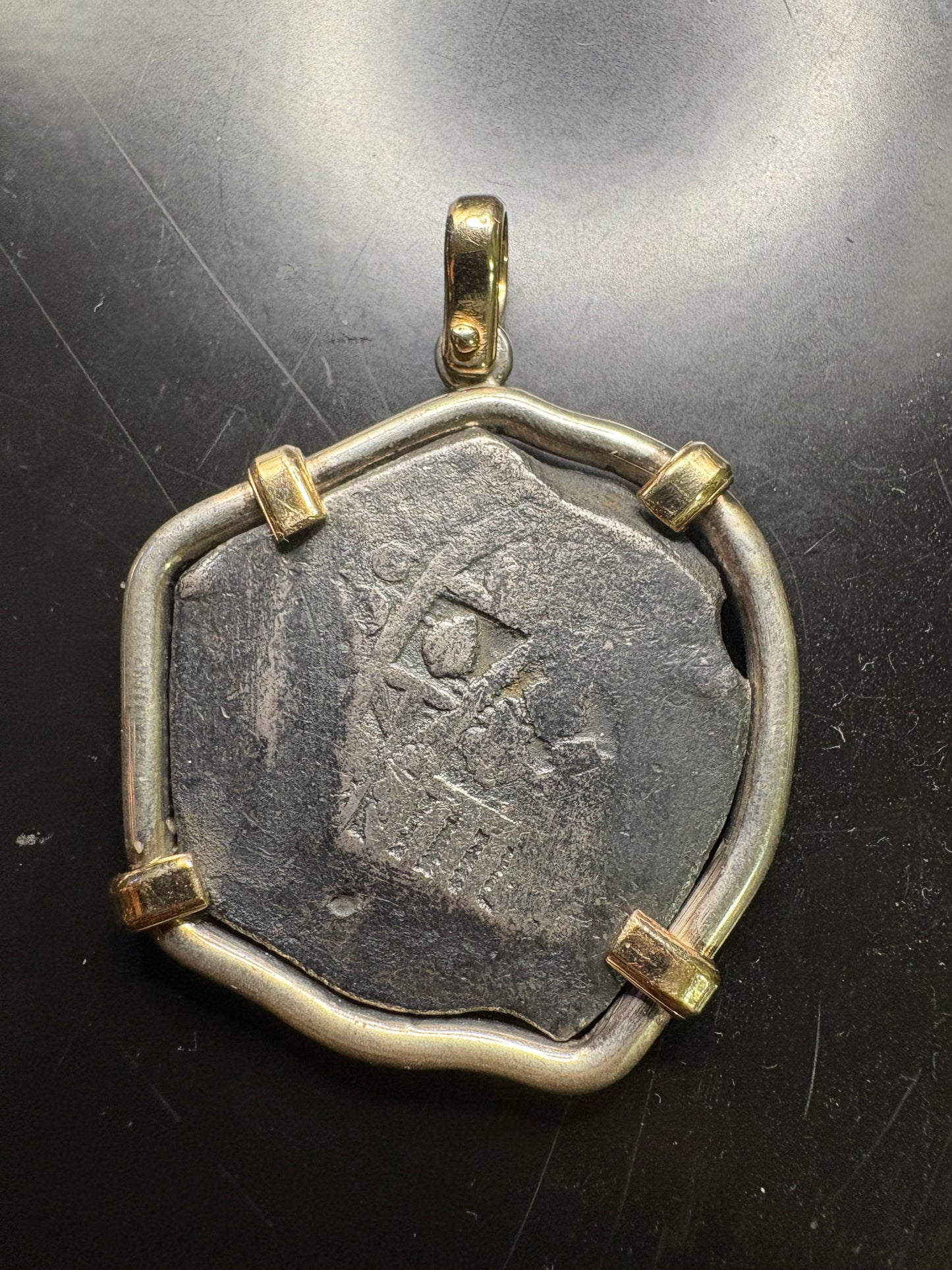 Sterling and 14kt Mounted 1715 Fleet 8 Reale, Grade 1, Philip V Reign, Mexico City Mint, J Assayer, 38.3 Grams Finished.