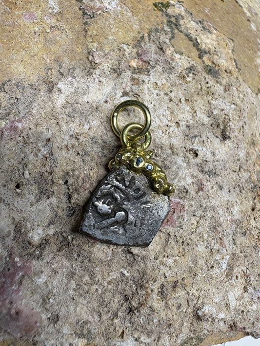 Limited Gold Barnacle Encrusted 1715 Fleet Rare Grade 1 1/2 Reale Pendant/Charm, Sapphire, Diamonds, and Pearls in Custom Setting.