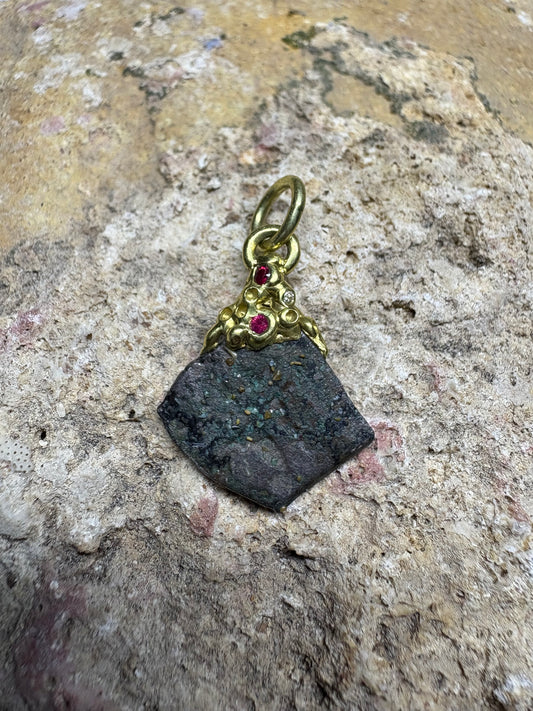 Limited Gold Barnacle Encrusted 1715 Fleet Rare Greenie 1/2 Reale Pendant/Charm, Rubys, Diamonds, and Pearls in Custom Setting.