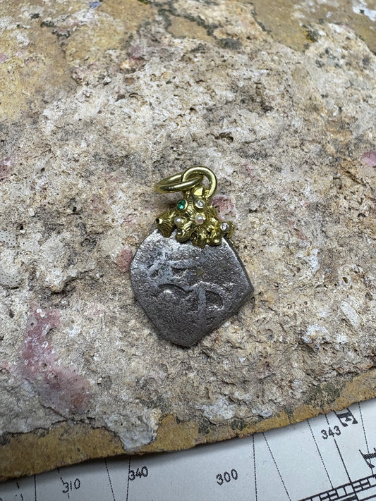 Limited Gold Barnacle Encrusted 1715 Fleet Rare Grade 1 1/2 Reale Pendant/Charm, Sapphires, Emeralds, Diamonds, and Pearls in Custom Setting.