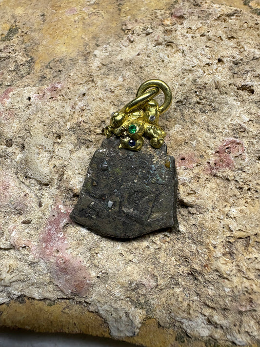 Limited Gold Barnacle Encrusted 1715 Fleet Rare Greenie 1/2 Reale Pendant/Charm, Sapphires, Emeralds, Diamonds, and Pearls in Custom Setting.