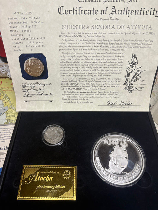 Atocha Shipwreck 8 Reale and 8 oz Silver Bullion Set, Grade 1, Ted Miguel COA, Philip III Reign, Potosi Mint, T Assayer, 26.4 Grams, Chest 5.