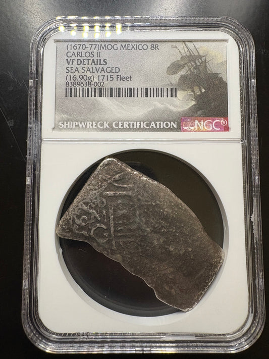 Rare 1715 Fleet G Assayer 8 Reale, Charles II Reign, G Assayer, 16.90 Grams, VF Detail NGC Certified.