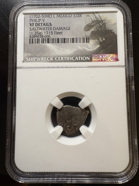 1715 Fleet 1/2 Reale, Bold and scarce Mexico Mint L Assayer with full legend and partial date 170X, Philip V Reign, 1.35 Grams, NGC Certified