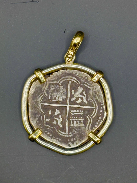 RARE A/B Assayer 4 Reale Cob Pendant, Set in 14kt and Sterling Mount, 22.1 Grams including bezel, Potosi Mint, Philip II Reign, Mule Trail Find.