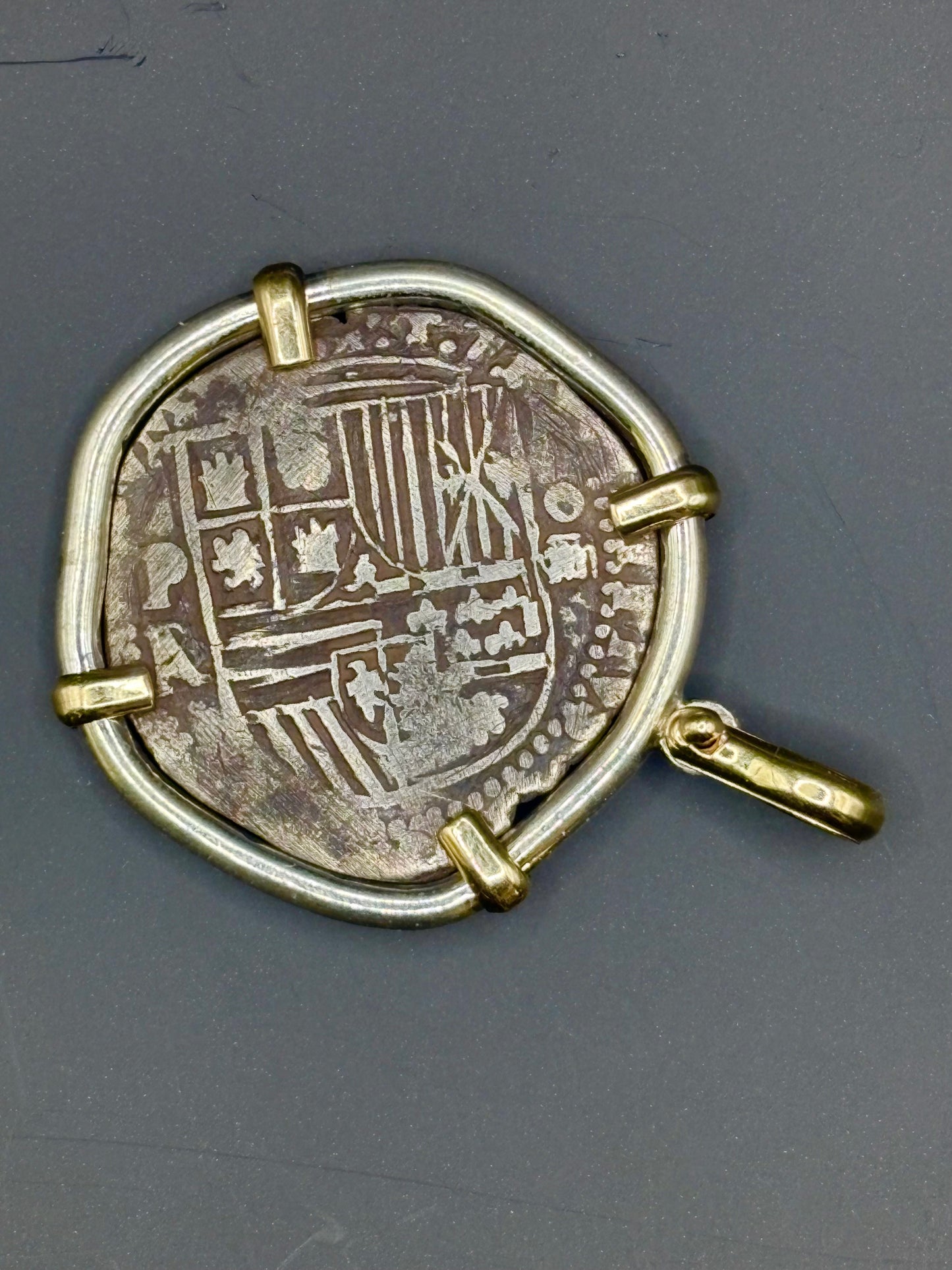 RARE A/B Assayer 4 Reale Cob Pendant, Set in 14kt and Sterling Mount, 22.1 Grams including bezel, Potosi Mint, Philip II Reign, Mule Trail Find.
