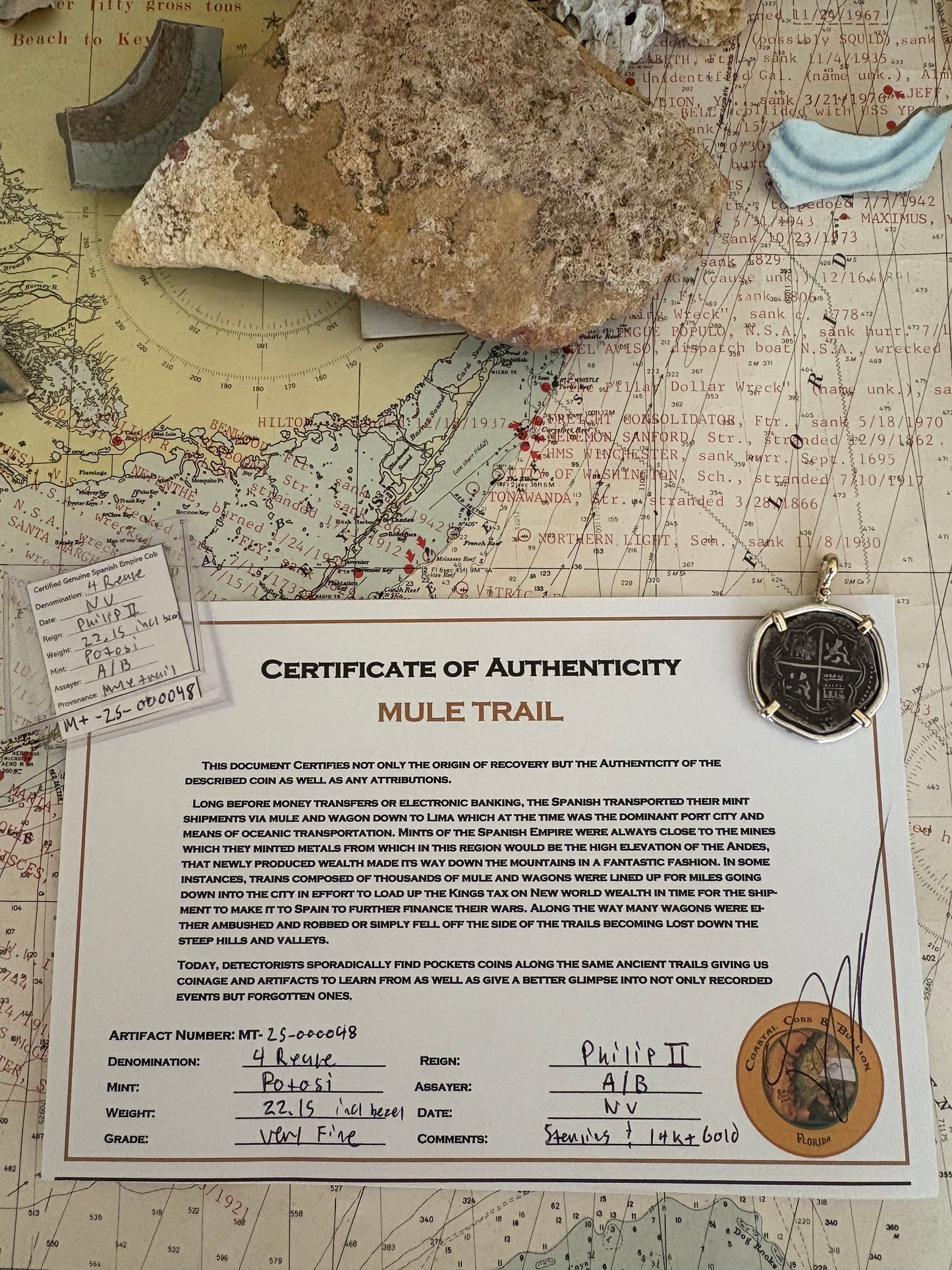 RARE A/B Assayer 4 Reale Cob Pendant, Set in 14kt and Sterling Mount, 22.1 Grams including bezel, Potosi Mint, Philip II Reign, Mule Trail Find.