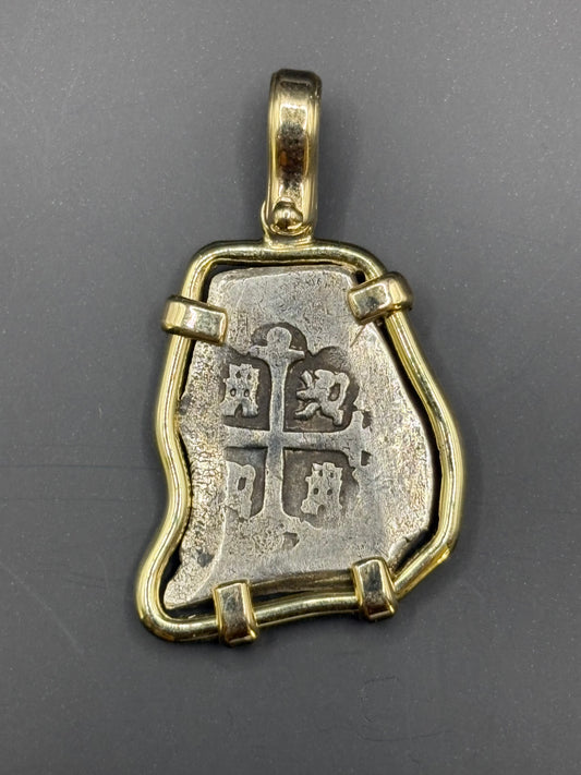 Rare 1715 Fleet 2 Reale, Full 14kt Gold Mounted, 1715 die type on obverse and reverse, 12.61 Grams (coin only), Mexico City Mint, Philip V Reign.