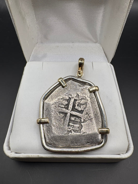 1715 Fleet 8 Reale, 14kt and Sterling Mount, Mexico City Mint, Philip V Reign, 38.6 grams including bezel, Original 90s COA and Flip.