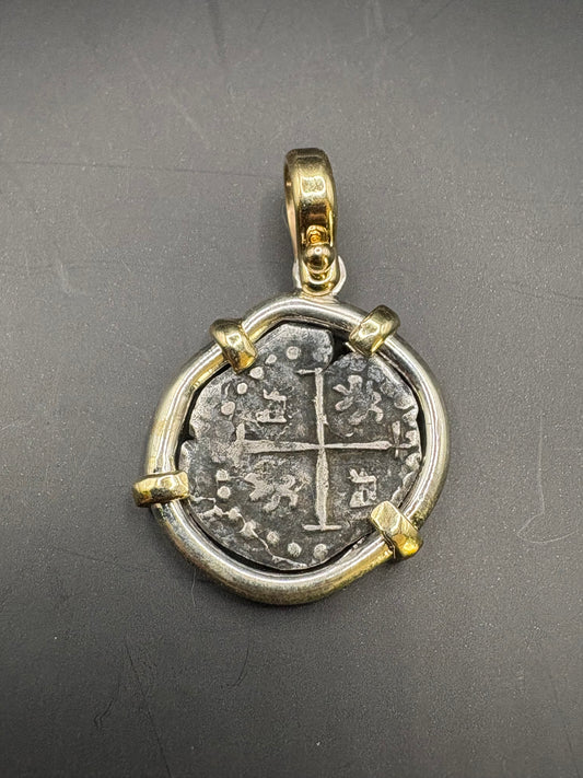 1600s Potosi Mint 1/2 Reale Pendant in 14kt and Sterling Mount. Philip IV type Monogram, No Assayer mark, Uncommon type.
