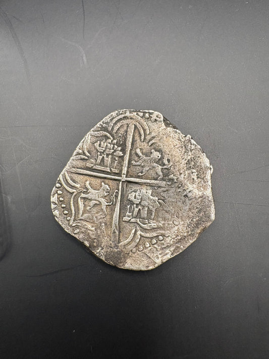 Rare Atocha Shipwreck 4 Reale, Grade 2, Philip III Reign, Potosi Mint, 12.9 grams, Vanguard Ventures Division Coin, Signed by Thomas Miguel. TSI: V550