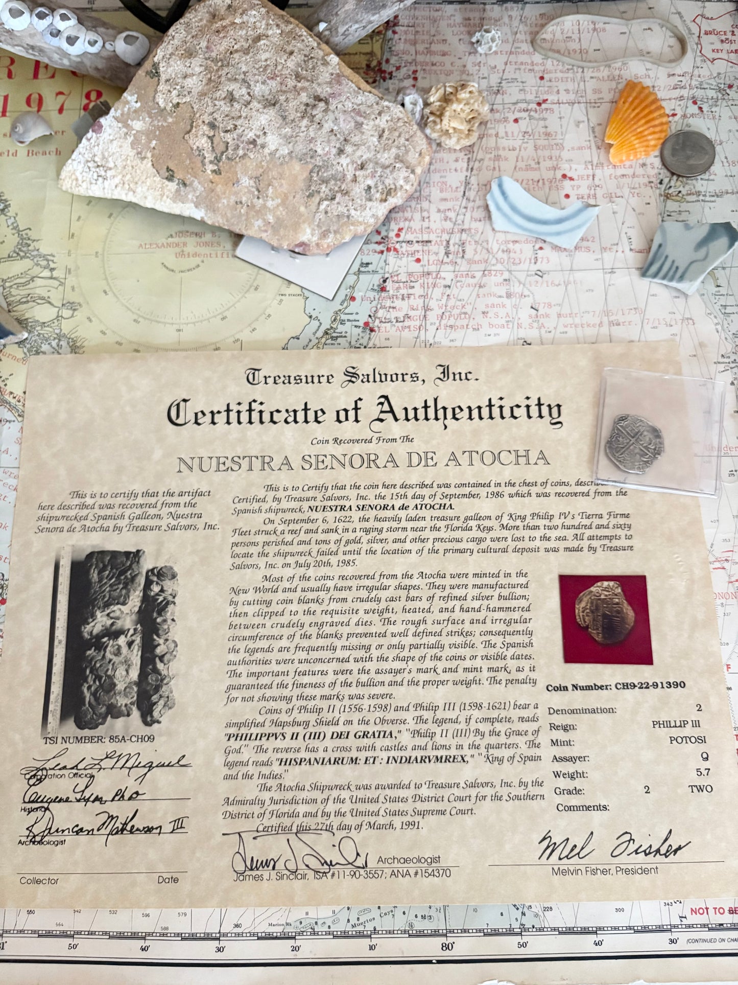 Rare Atocha Shipwreck 2 Reale Grade 2, Q/C Assayer, Napkin Deal Chest 9, Potosi Mint, Philip III Reign, 5.7 Grams. Original Jim Sinclair Certificate.