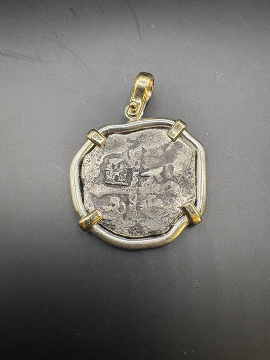 Ex Real Eight Co. 1715 Fleet 4 Reale Pendant Set in 14kt and Sterling Silver, 12.14 Grams, Mexico City Mint, Philip V Reign, 1713 die type, M7968