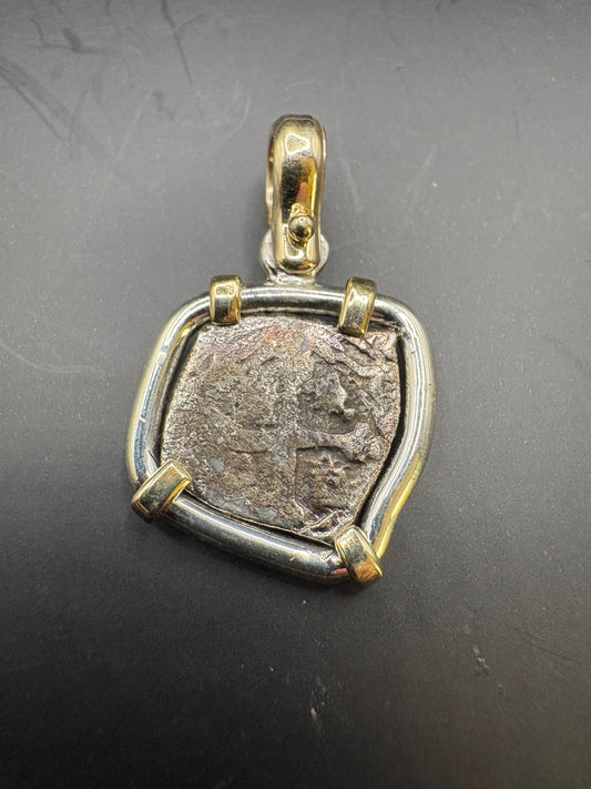 1715 Fleet 1/2 Reale 14kt and Sterling Pendant, Grade 1, 1.7 Grams, Mexico City Mint, J Assayer, Philip V Reign,