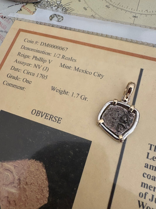 1715 Fleet 1/2 Reale 14kt and Sterling Pendant, Grade 1, 1.7 Grams, Mexico City Mint, J Assayer, Philip V Reign,