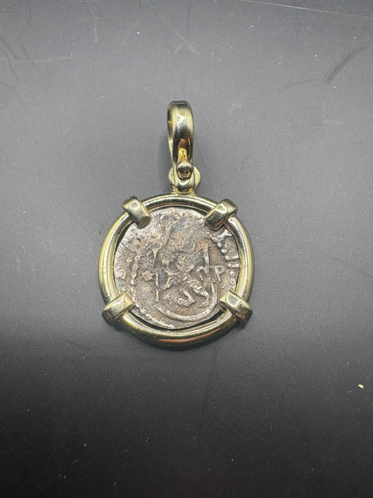 Rare 1/4 Reale Diego de la Torre Assayer in 14kt Gold Mount, Philip II Era, Lima Mint, 1577-1588, 4.46 including bezel, Mule Trail.