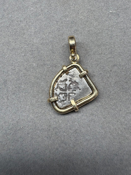 1715 Fleet Shipwreck 1/2 Reale Pendant, Mexico City Mint, J Assayer, 1.6 Grams, Philip V Reign, Solid 14kt Gold Mount.