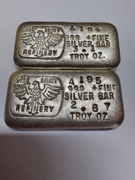 Extremely Rare Sequential Serial Pair of SLC Mint Utah 3 oz Cast Silver Bars. Approximately 10 known.