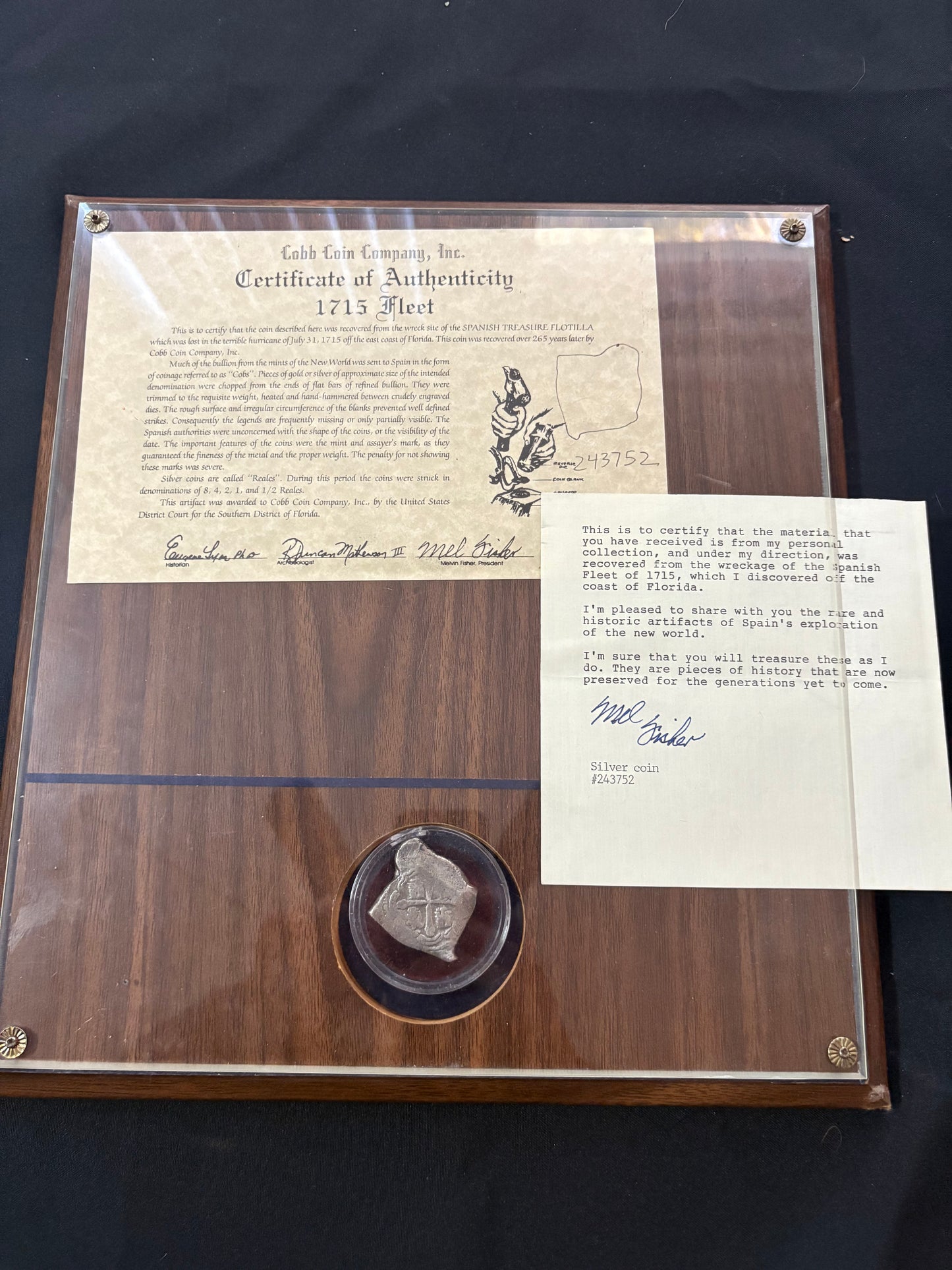 1715 Fleet 8 Reales in Wooden Standup Frame, Grade 1, Mexico City Mint, J Assayer, Philip V Reign, Comes with seperate hand signed letter from Mel Fisher himself.