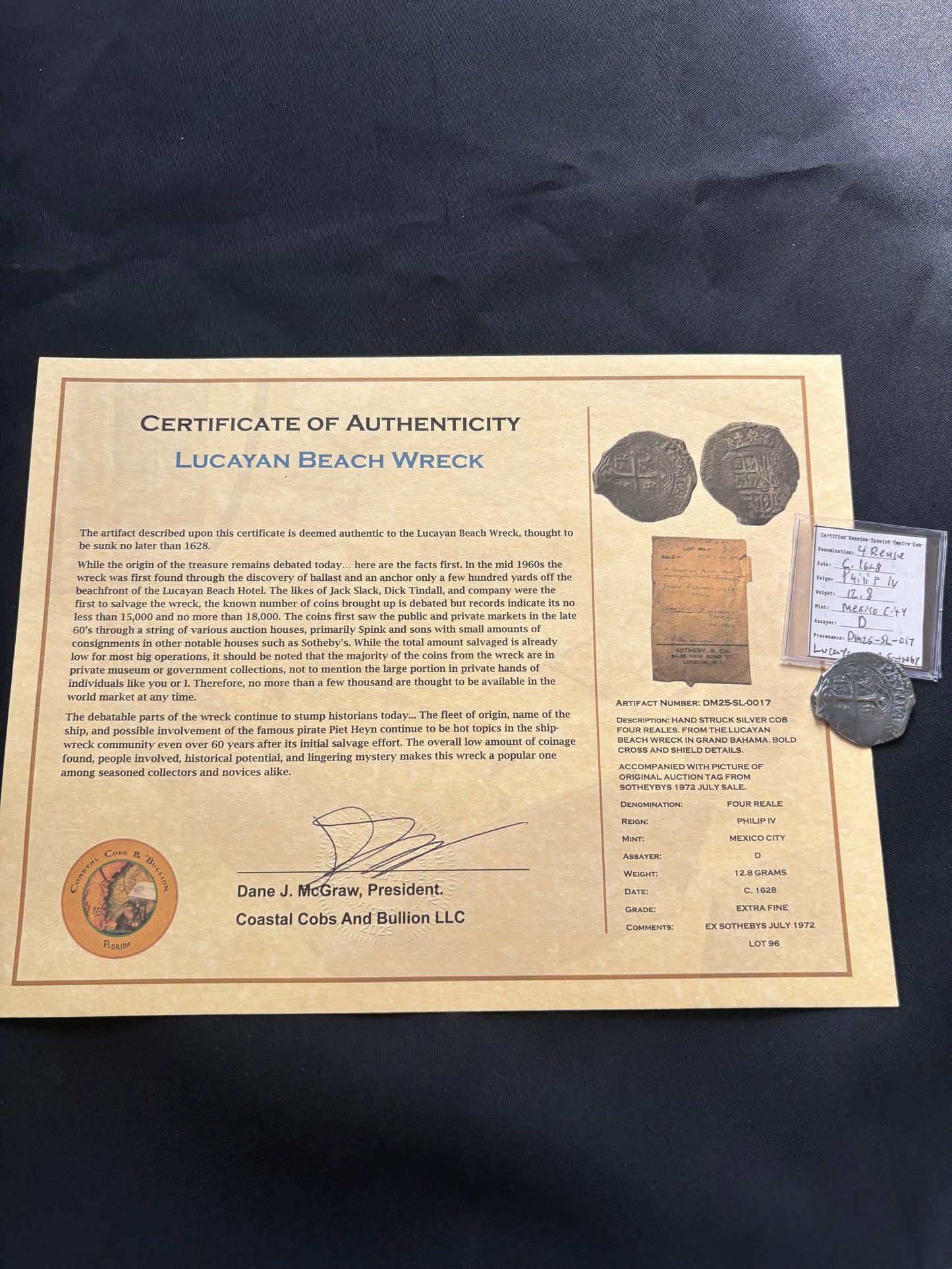 Lucayan Beach Shipwreck 4 Reales, Mexico City Mint, D Assayer, 12.8 Grams, Ex Sothebys 1972 Sale.