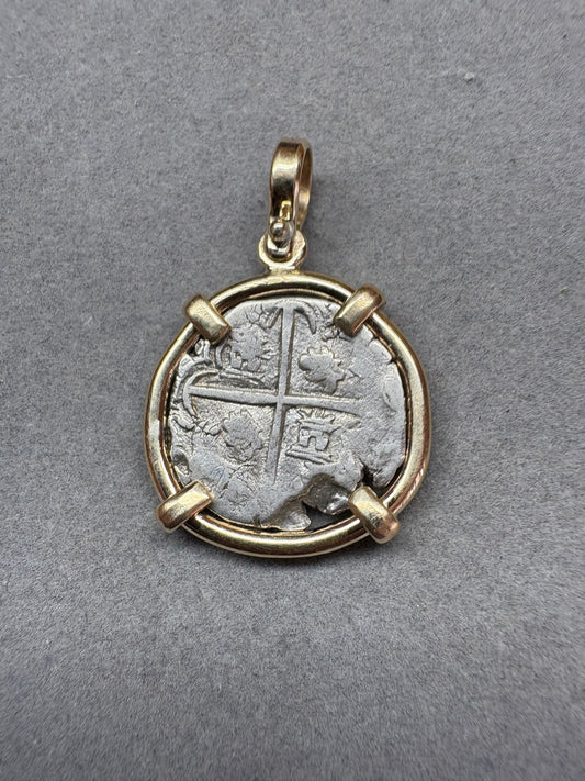 Land Found 1 Reale Pendant, Potosi Mint, T assayer, 7.69 Grams incl bezel, Solid 14kt Gold Mount. Mule Trail Find.