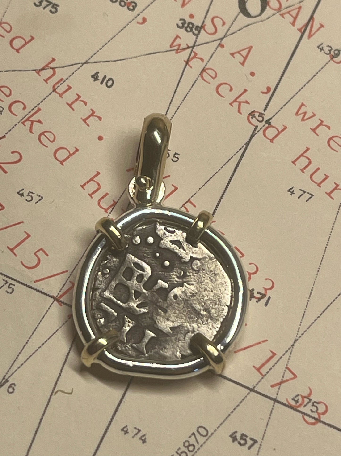 1711 Full date 1/2 Reale pendant, Lima mint, Philip V Reign, NV Assayer, 4.7 Grams incl. mount, Sterling and 14kt Mount.