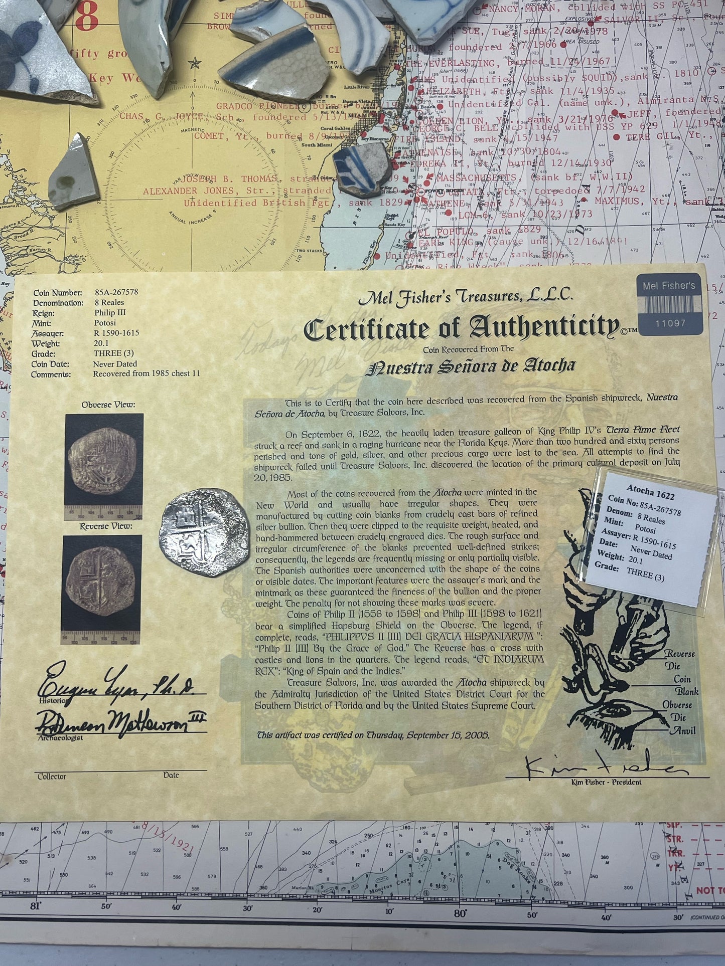 Atocha Shipwreck 8 Reale, Grade 3, 20.1 grams, R Assayer, Potosi Mint, Chest 11, Philip III Reign, Kim Fisher Certificate.