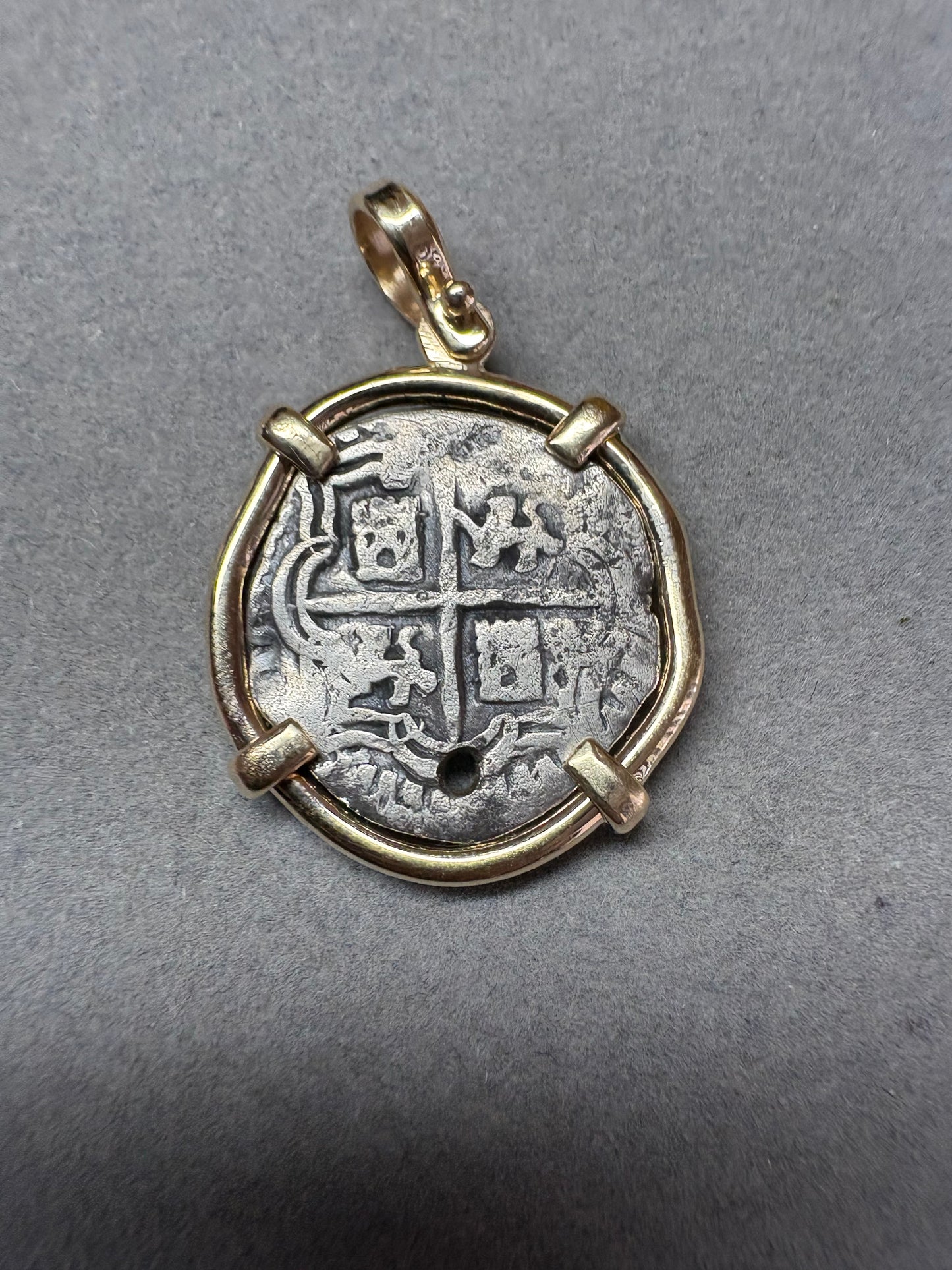 Land found 1 Reale Pendant, Potosi Mint, B Assayer, Holed, 7.99 Grams incl. Bezel, Solid 14kt Gold mount, Mule Trail Find.