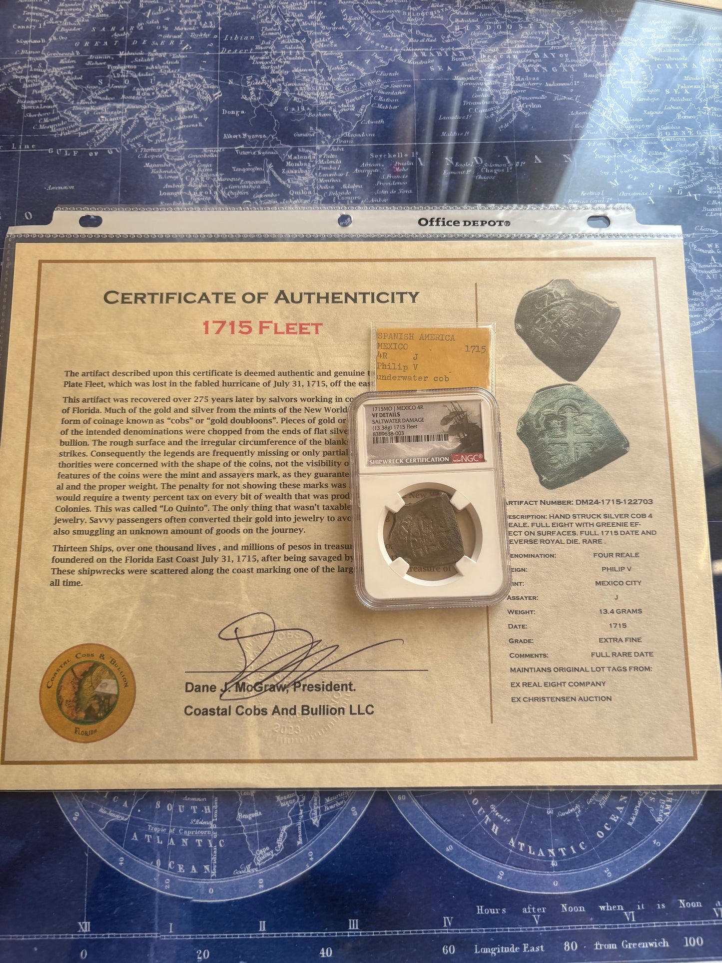 1715 Fleet Shipwreck 4 Reale, 1715 Full date, Royal Reverse Die, Mexico City Mint, 13.4 Grams, J Assayer, Ex Christensen Auction with Tag.