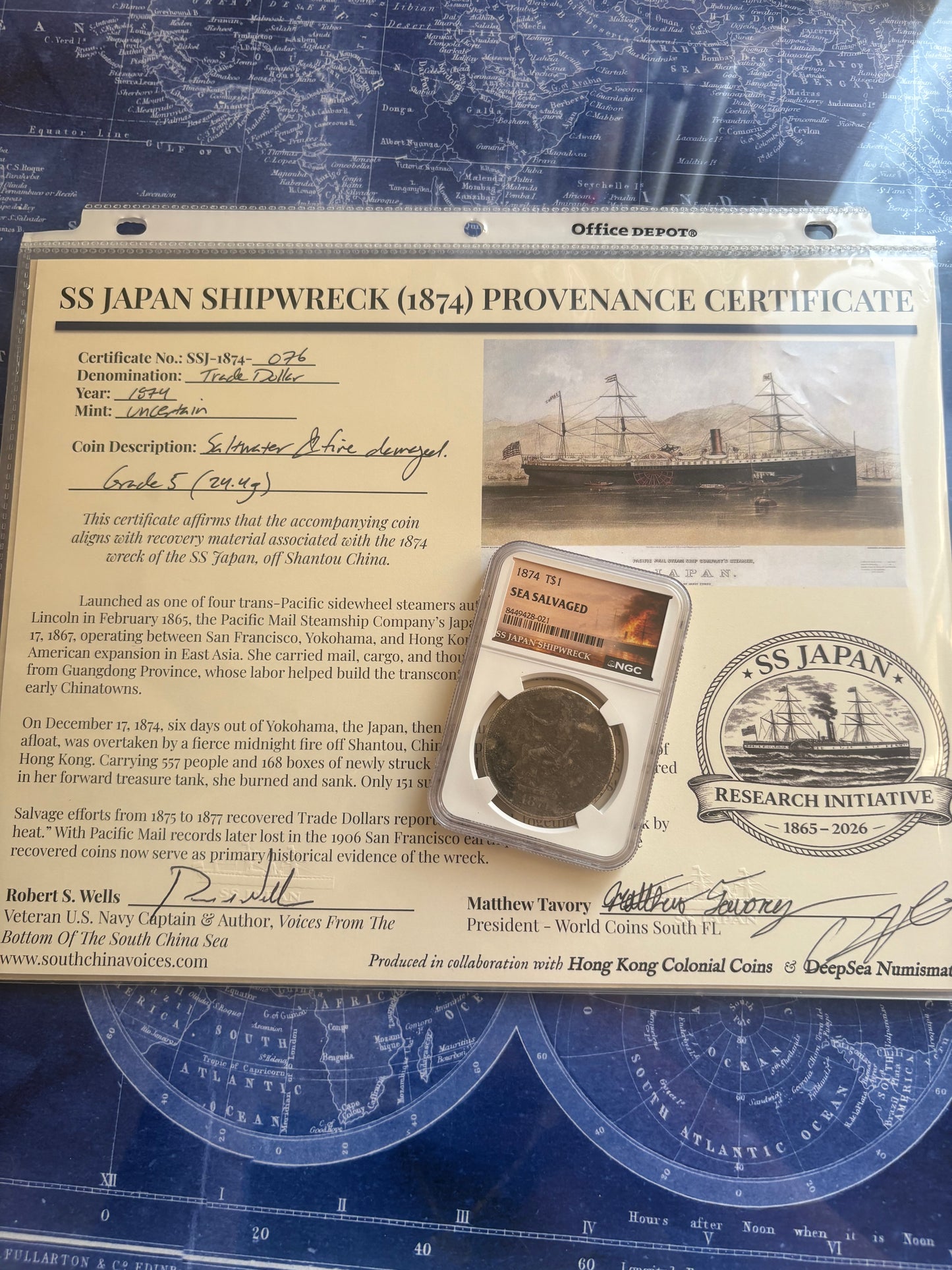 SS Japan Shipwreck 1874 Trade Dollar NGC Sea Salvaged with Paper COA