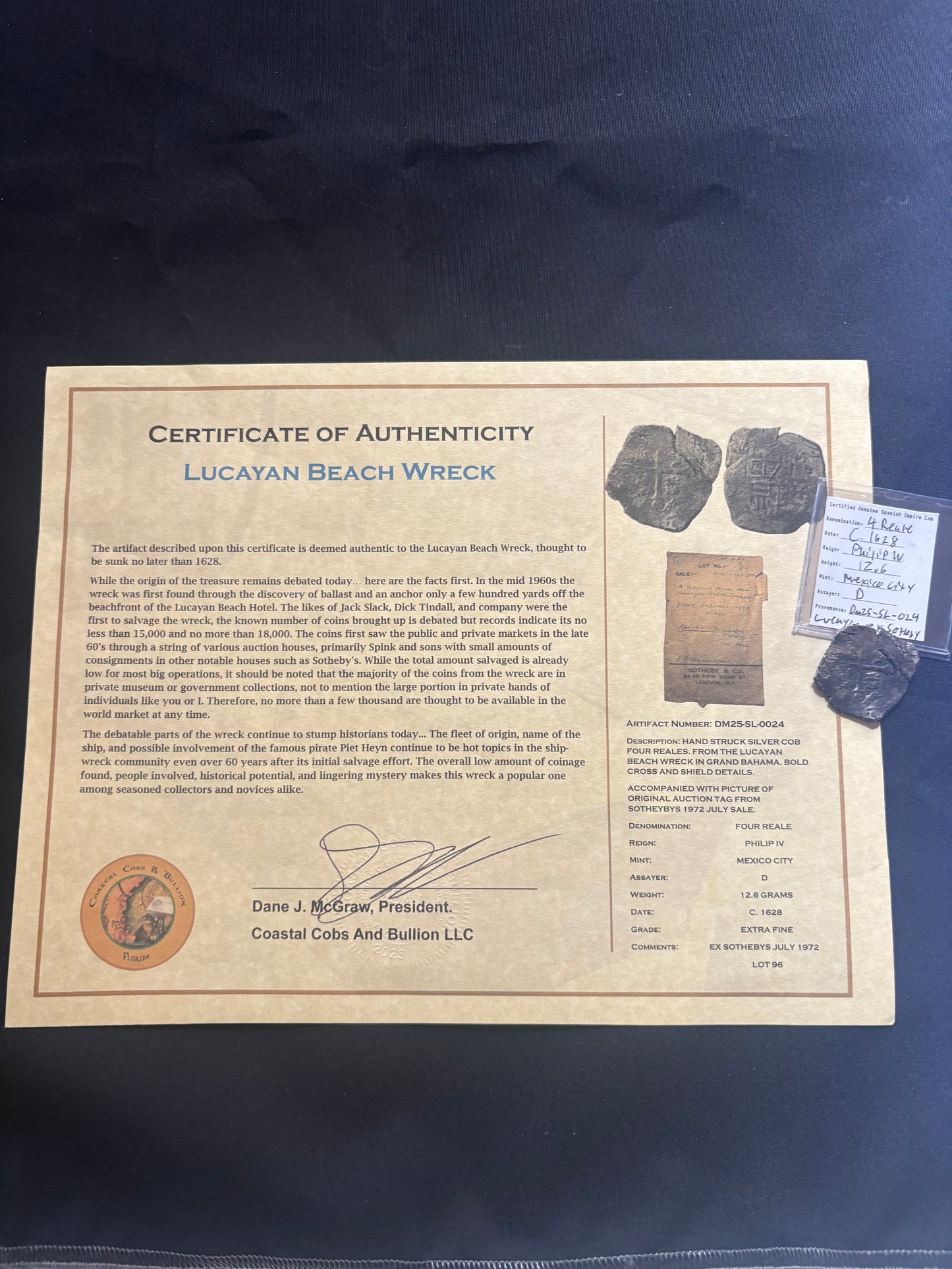 Lucayan Beach Wreck 4 Reale, Mexico City Mint, D Assayer, 12.6 Grams, Ex Sothebys 1972 Sale.