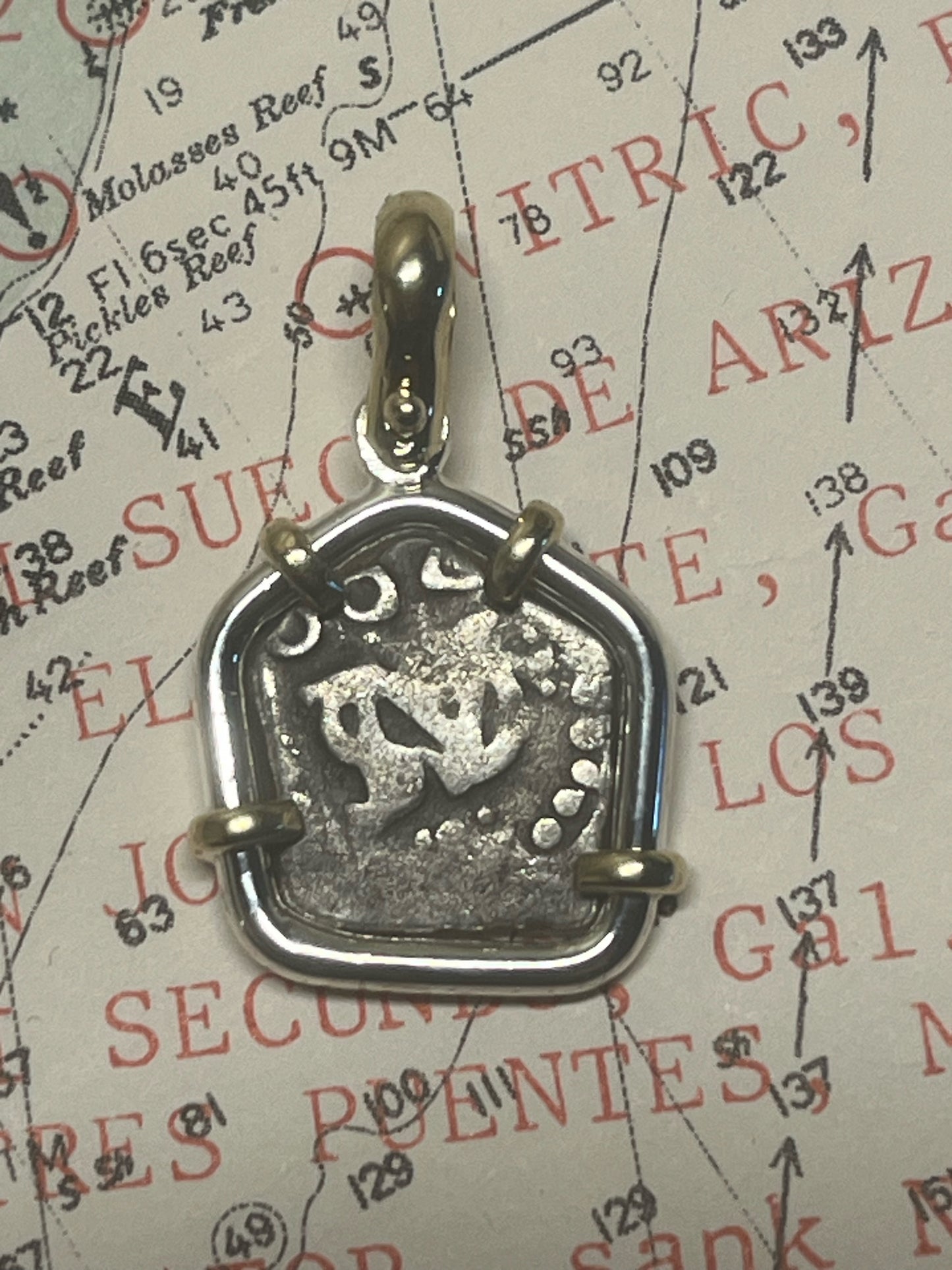 1700 Full date 1/2 Reale Pendant, Lima mint, Charles II Reign, NV Assayer, 4.7 Grams incl. mount, Peru Land Find, Sterling and 14kt Mount.