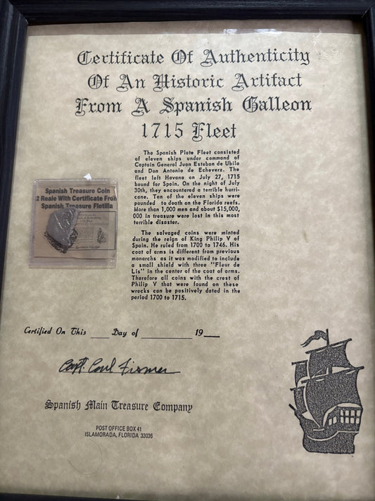 1715 Fleet 2 Reale in Frame. Mexico City Mint, J Assayer, Philip V Reign, Hand signed by the late Carl Fismer.