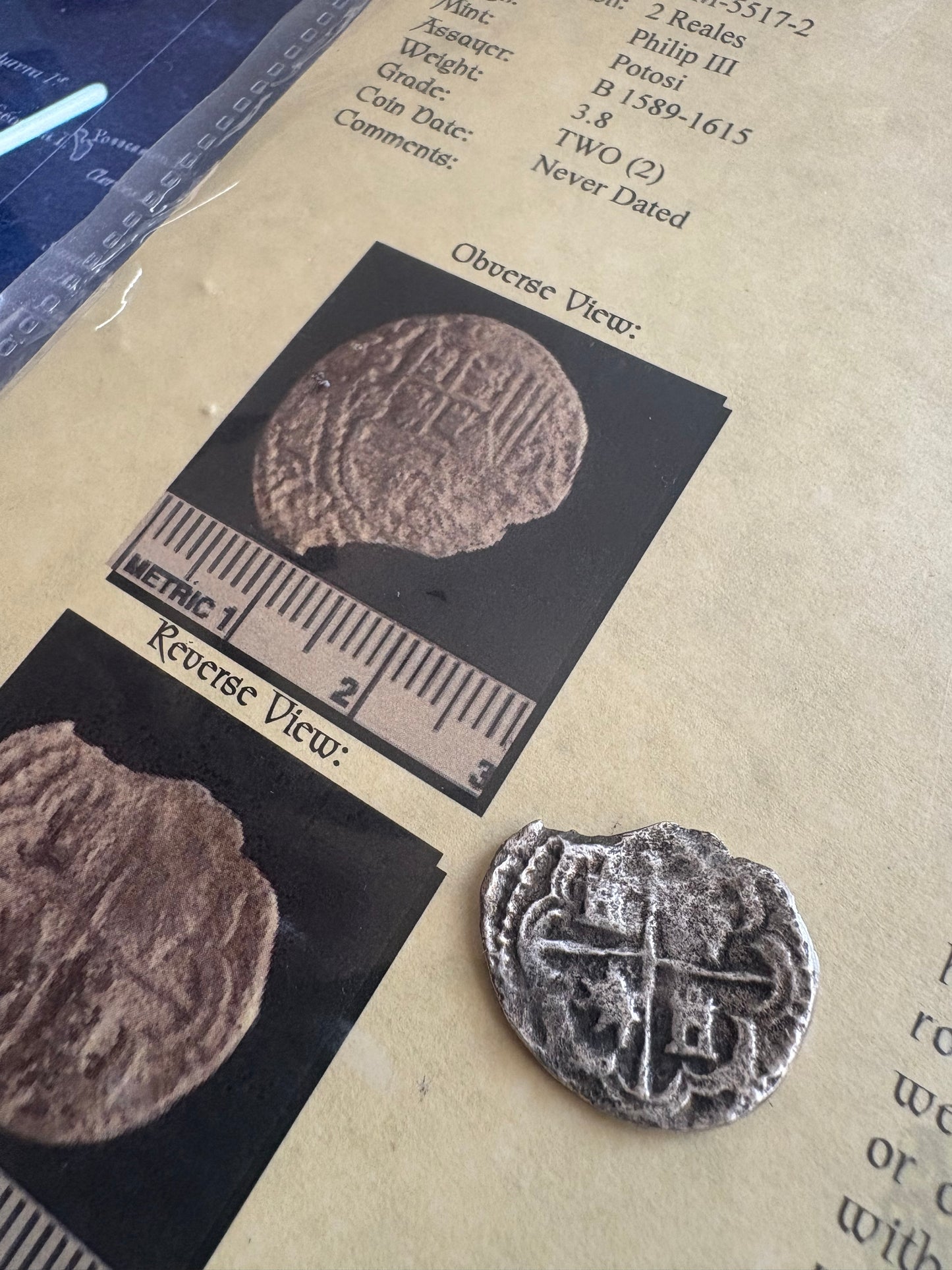 Rare Santa Margarita Shipwreck 2 Reales, Potosi Mint, B Assayer, Philip II Reign, Grade 2, 3.8 Grams, COA and Flip.