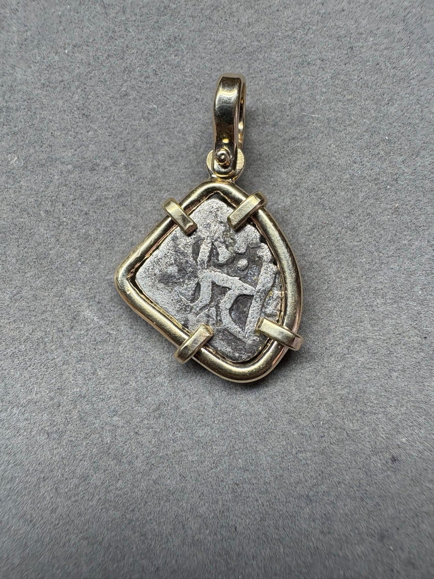 1715 Fleet Shipwreck 1/2 Reale Pendant, Mexico City Mint, J Assayer, 1.6 Grams, Philip V Reign, Solid 14kt Gold Mount.