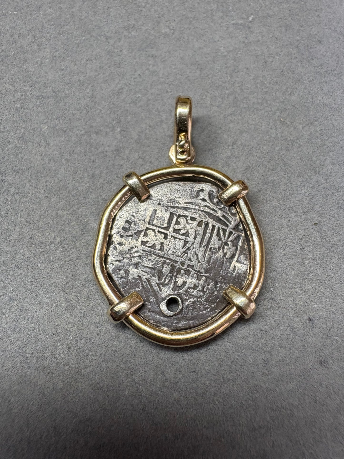 Land found 1 Reale Pendant, Potosi Mint, B Assayer, Holed, 7.99 Grams incl. Bezel, Solid 14kt Gold mount, Mule Trail Find.