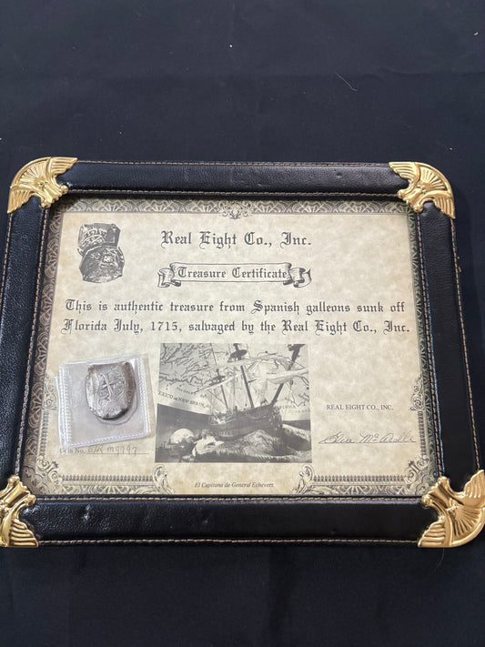 1715 Fleet 8 Reales in Standup Frame, Mexico City Mint, J Assayer, 23.2 Grams, Philip V Reign,Real Eight Co COA Signed by Ella M.