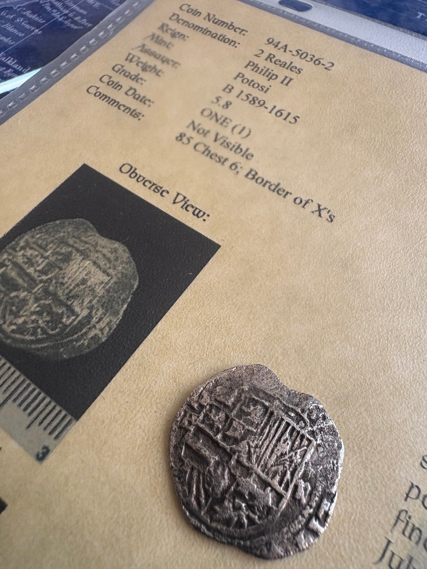 Rare Atocha Shipwreck 2 Reales, B Assayer with X Borders, Grade 1, 5.8 Grams, Philip II Reign, Potosi Mint, COA and Flip.