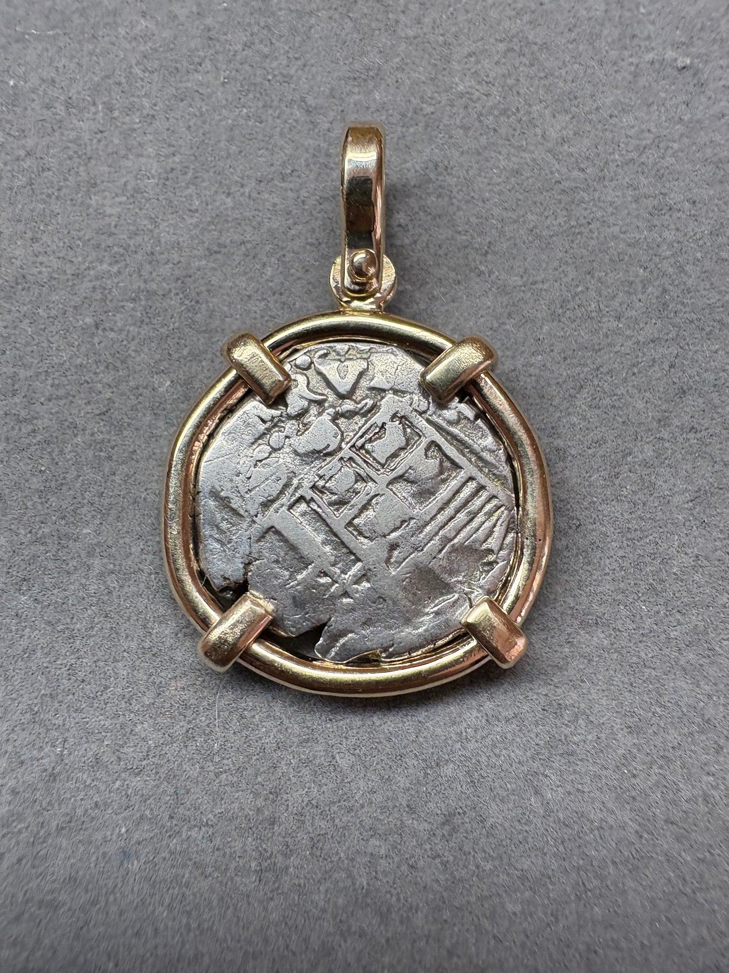 Land Found 1 Reale Pendant, Potosi Mint, T assayer, 7.69 Grams incl bezel, Solid 14kt Gold Mount. Mule Trail Find.