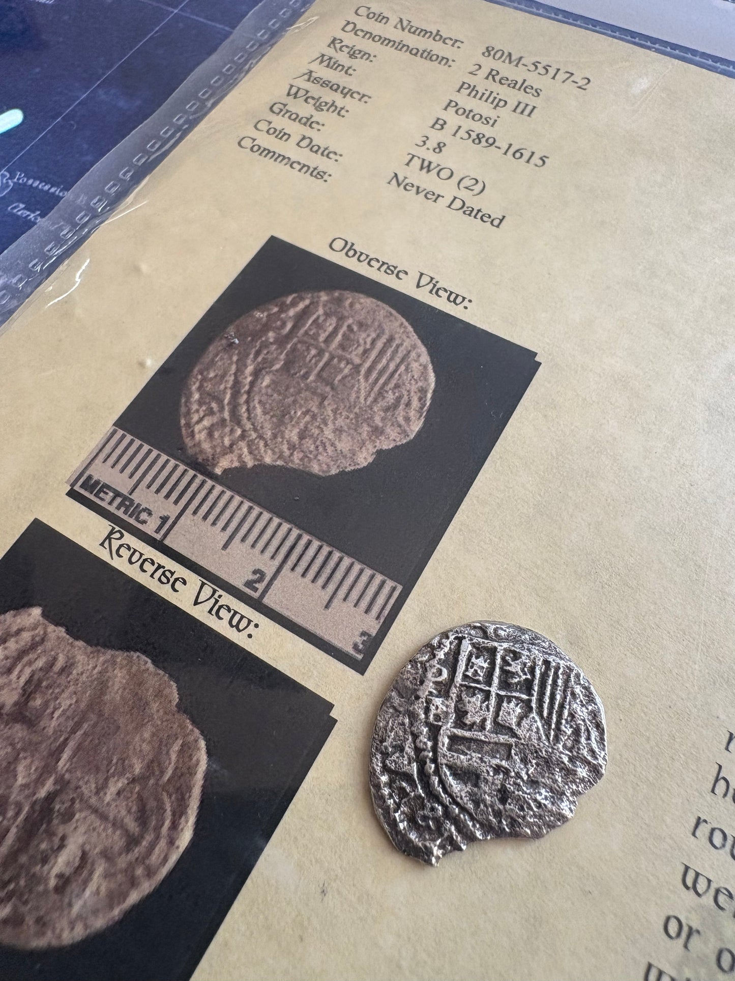 Rare Santa Margarita Shipwreck 2 Reales, Potosi Mint, B Assayer, Philip II Reign, Grade 2, 3.8 Grams, COA and Flip.