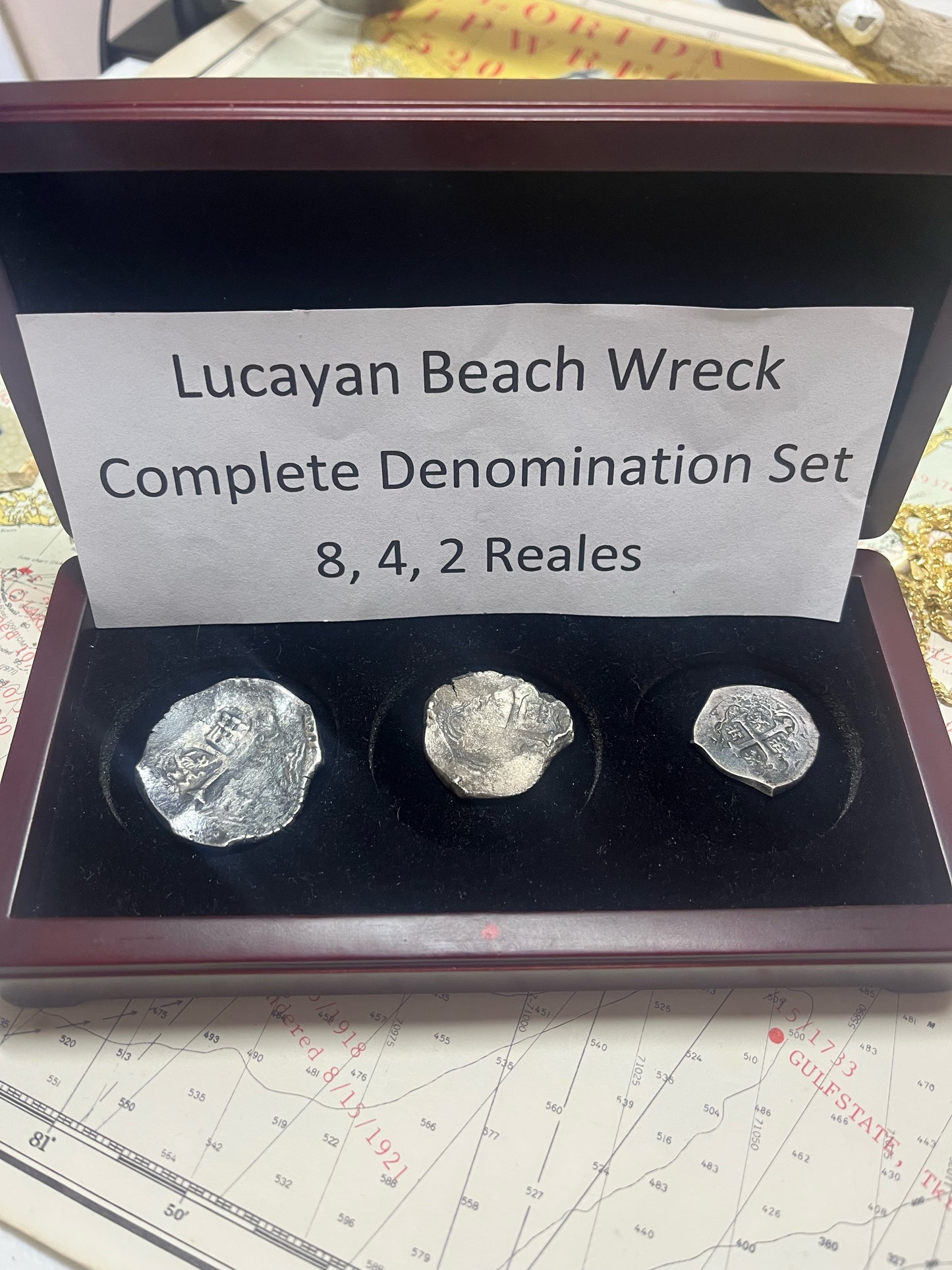 RARE Lucayan Beach Wreck COMPLETE Denomination Set. 8, 4, and 2 Reales. Partial Dates, Grade Ones, Ex Spink, Ex Hiron, Ex Sedwick.